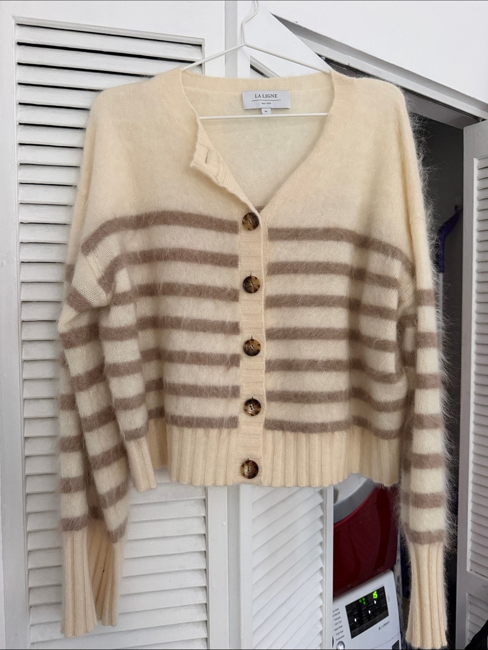 La Ligne Cream & Brown Striped Mohair-Blend Button Cardigan